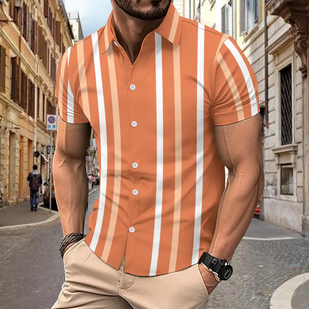Casual striped printed short sleeve shirt for men with lapel collar and button front in olive green