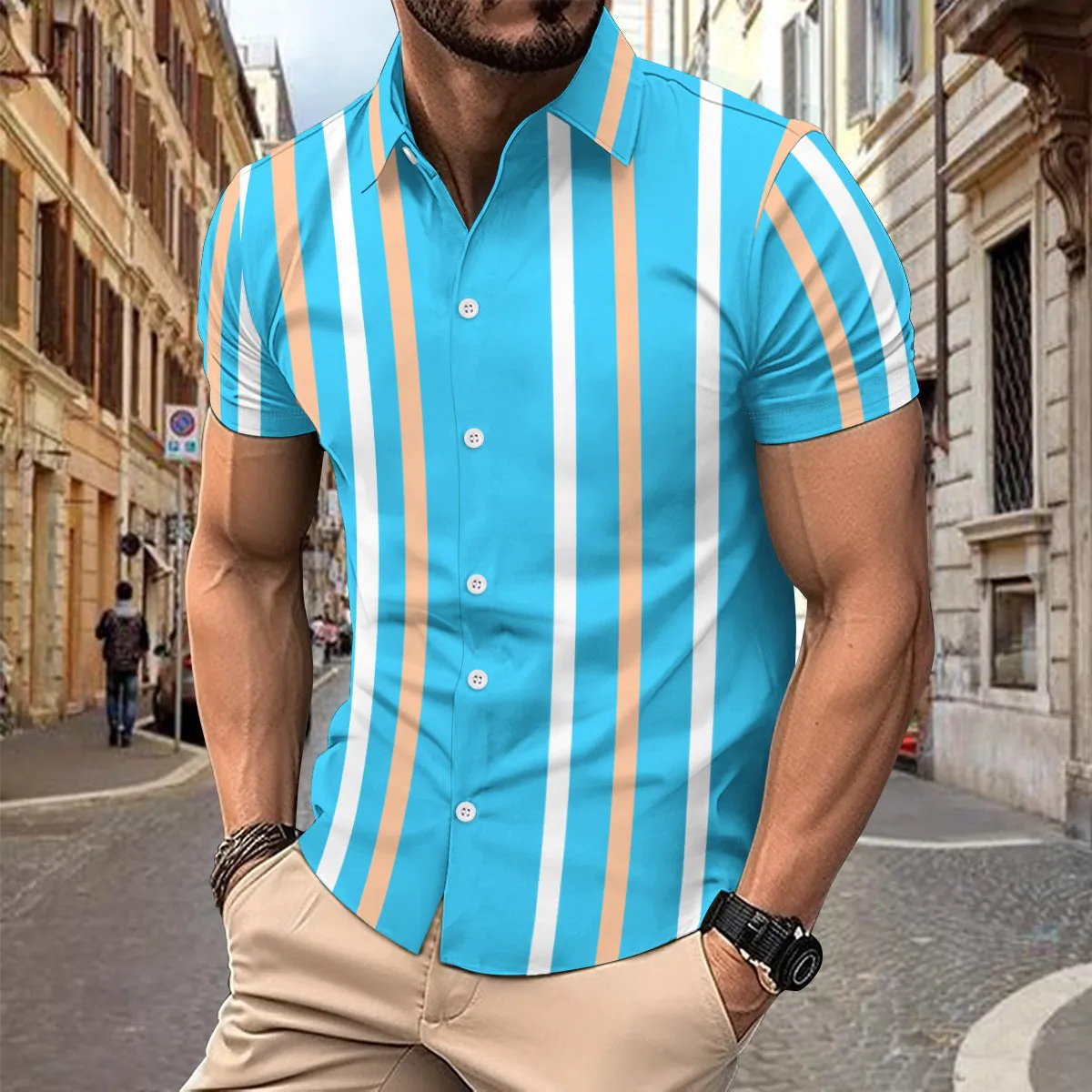 Casual striped printed short sleeve shirt for men with lapel collar and button front in olive green