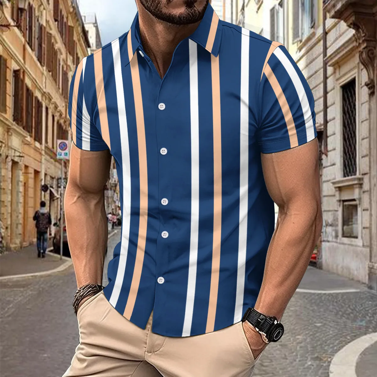 Casual striped printed short sleeve shirt for men with lapel collar and button front in olive green
