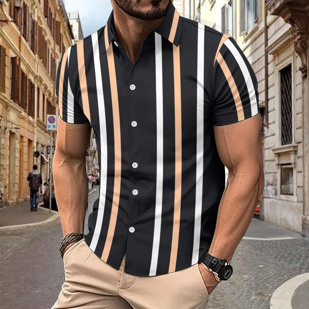 Casual striped printed short sleeve shirt for men with lapel collar and button front in olive green