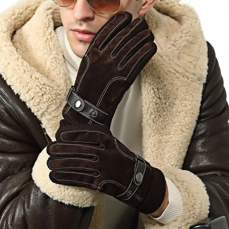 Men's genuine pigskin leather touch screen gloves in brown with fleece lining for winter warmth