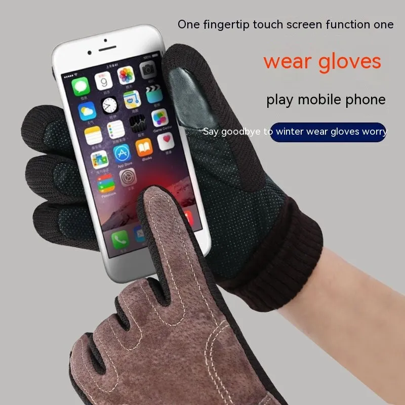 Men's genuine pigskin leather touch screen gloves in brown with fleece lining for winter warmth