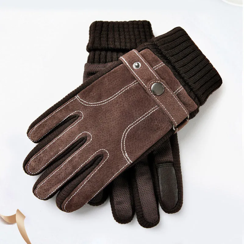 Men's genuine pigskin leather touch screen gloves in brown with fleece lining for winter warmth