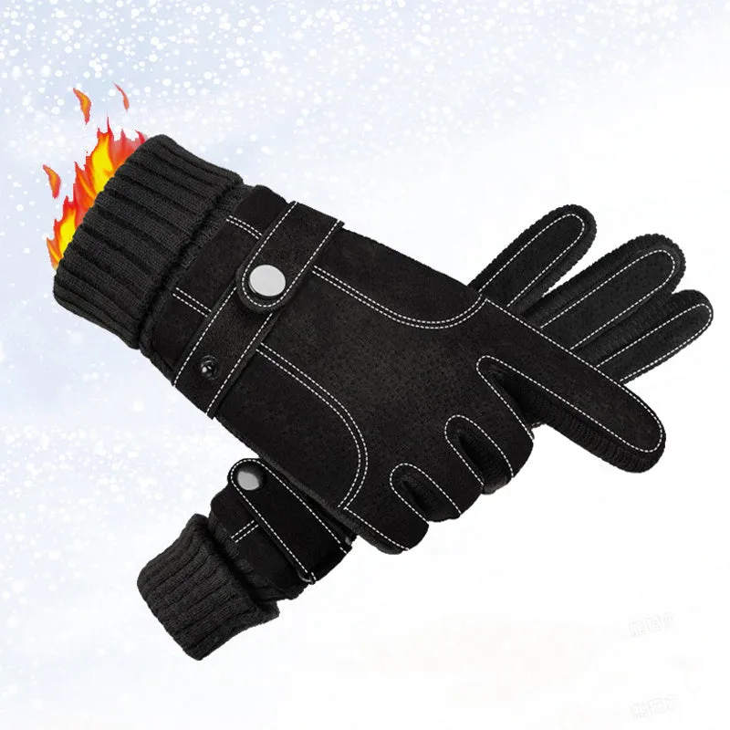 Men's genuine pigskin leather touch screen gloves in brown with fleece lining for winter warmth