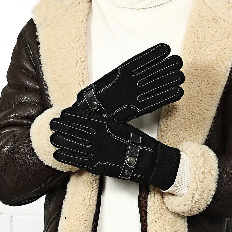 Men's genuine pigskin leather touch screen gloves in brown with fleece lining for winter warmth