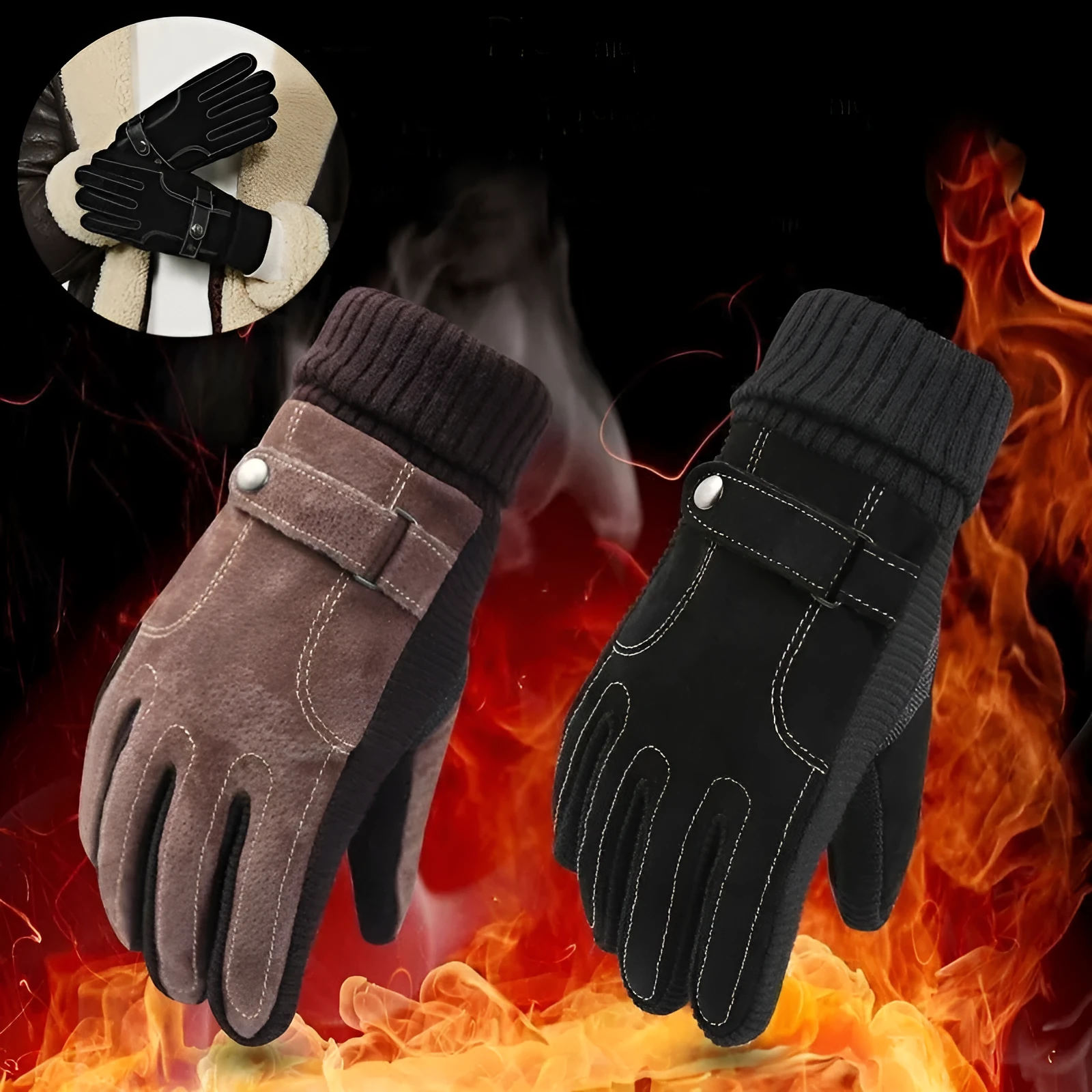 Men's genuine pigskin leather touch screen gloves in brown with fleece lining for winter warmth