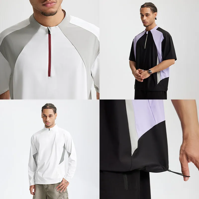 Men's lightweight black polyester casual shirt with stitching detail on long sleeve version