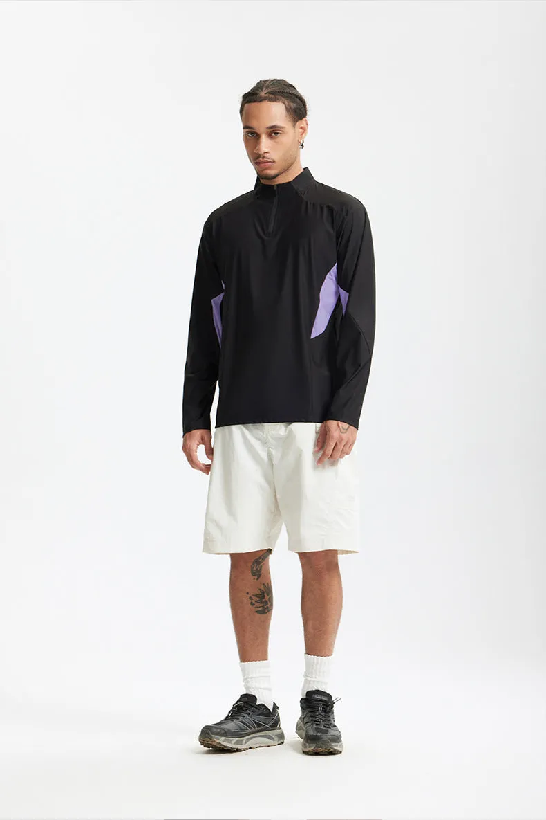 Men's lightweight black polyester casual shirt with stitching detail on long sleeve version