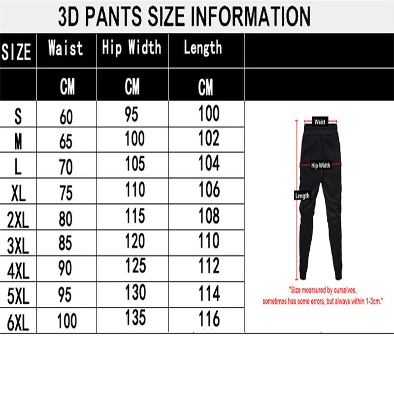 Loose fit couple pants with 3D digital print in air layer polyester fabric, available in multiple colours and sizes S-6XL