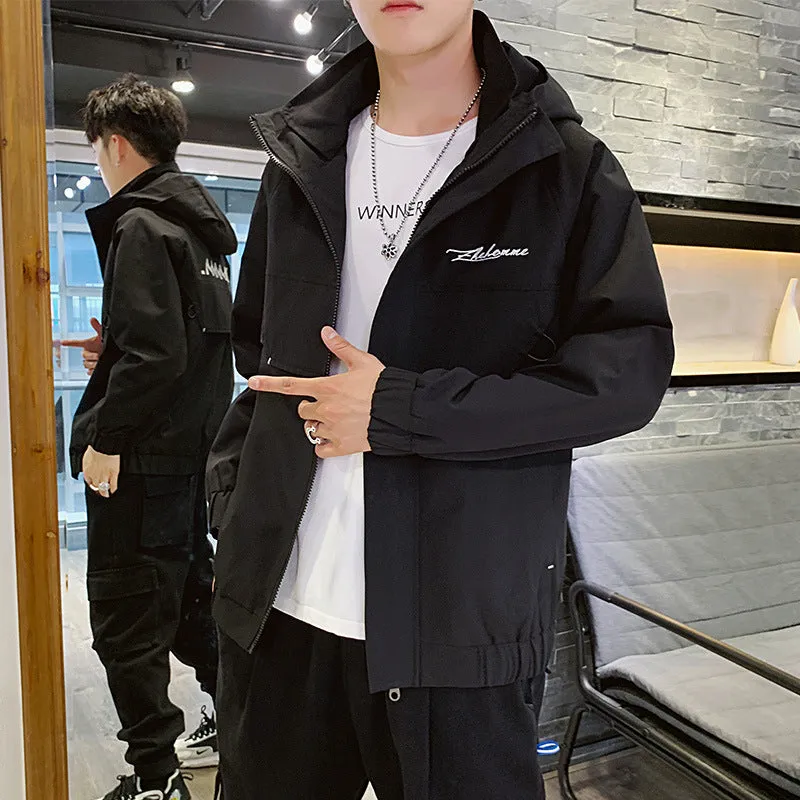 Hooded work coat in black with full zipper, loose fit 100% polyester for spring and autumn