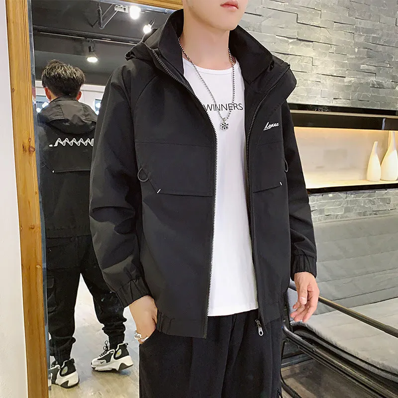 Hooded work coat in black with full zipper, loose fit 100% polyester for spring and autumn
