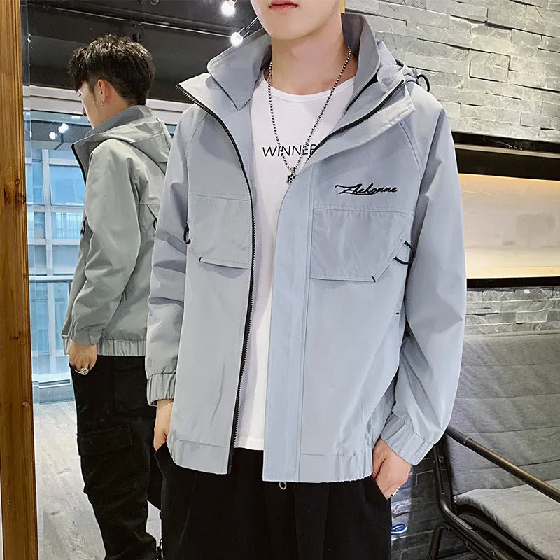 Hooded work coat in black with full zipper, loose fit 100% polyester for spring and autumn