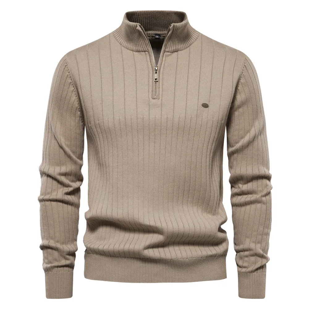 Men's casual stand collar half zip cotton blend sweater in dark blue on a background