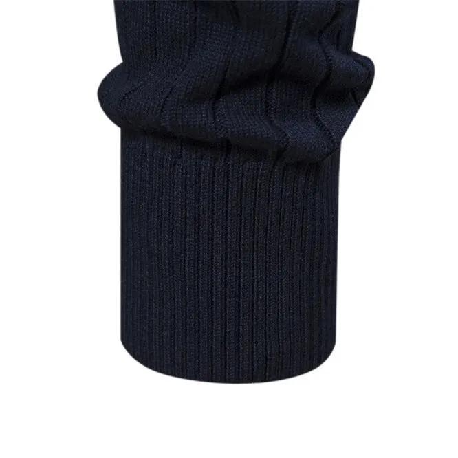 Men's casual stand collar half zip cotton blend sweater in dark blue on a background