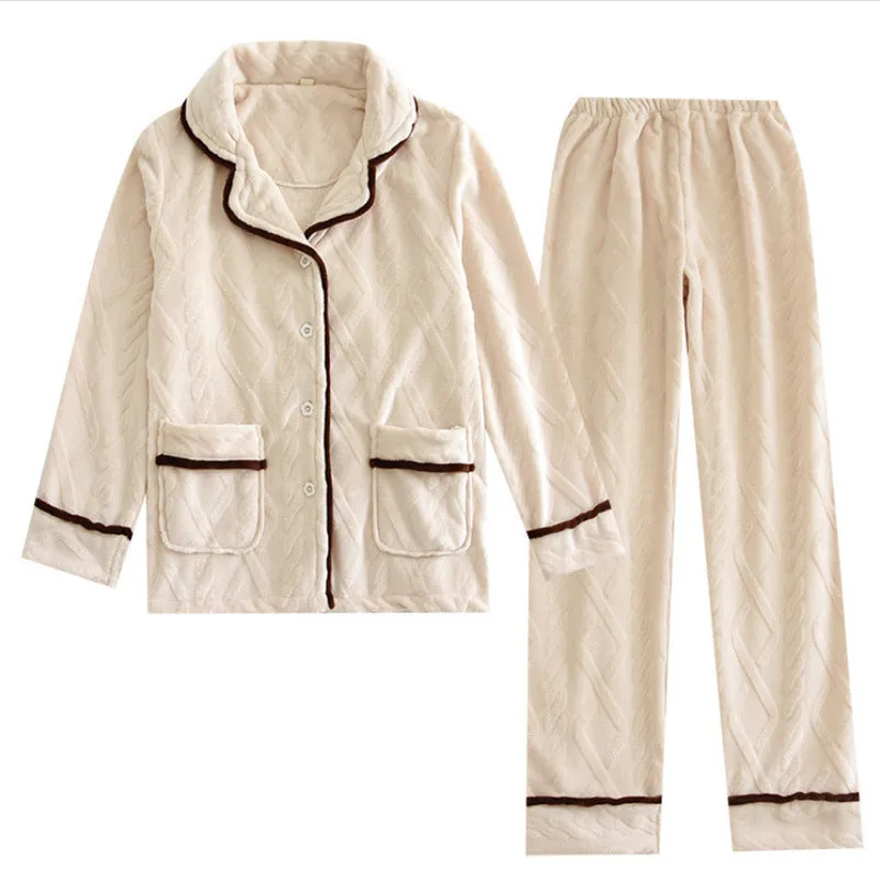 Dark gray men's and milky white women's flannel polyester pyjama set with top and pants
