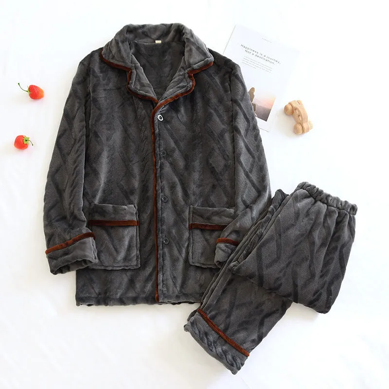 Dark gray men's and milky white women's flannel polyester pyjama set with top and pants