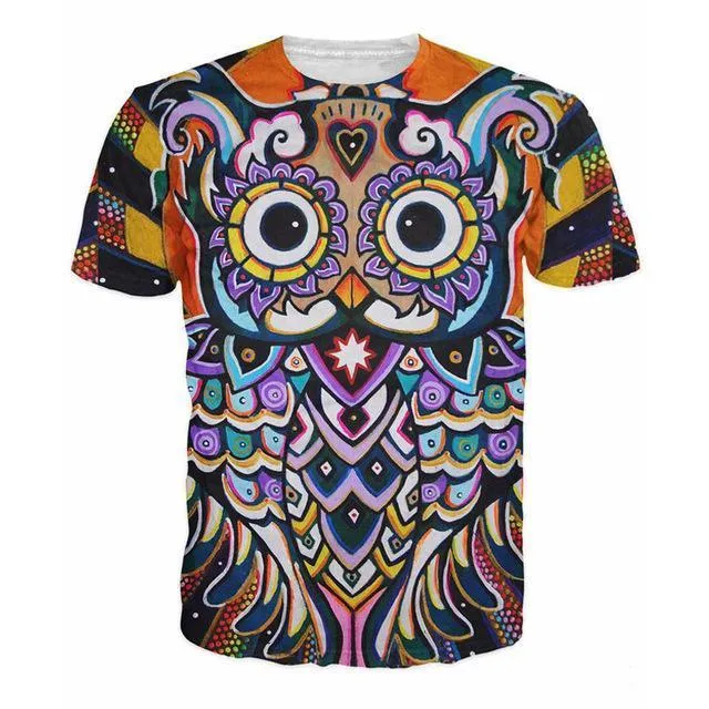 Men and women wearing a free-shipping 3D printed psychedelic animation owl O-neck T-shirt in summer style