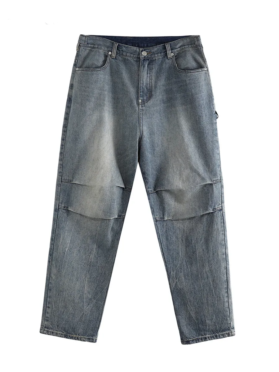 Light wash grey baggy oversized denim jeans with pleats, straight leg, 100% cotton, distressed washed blue