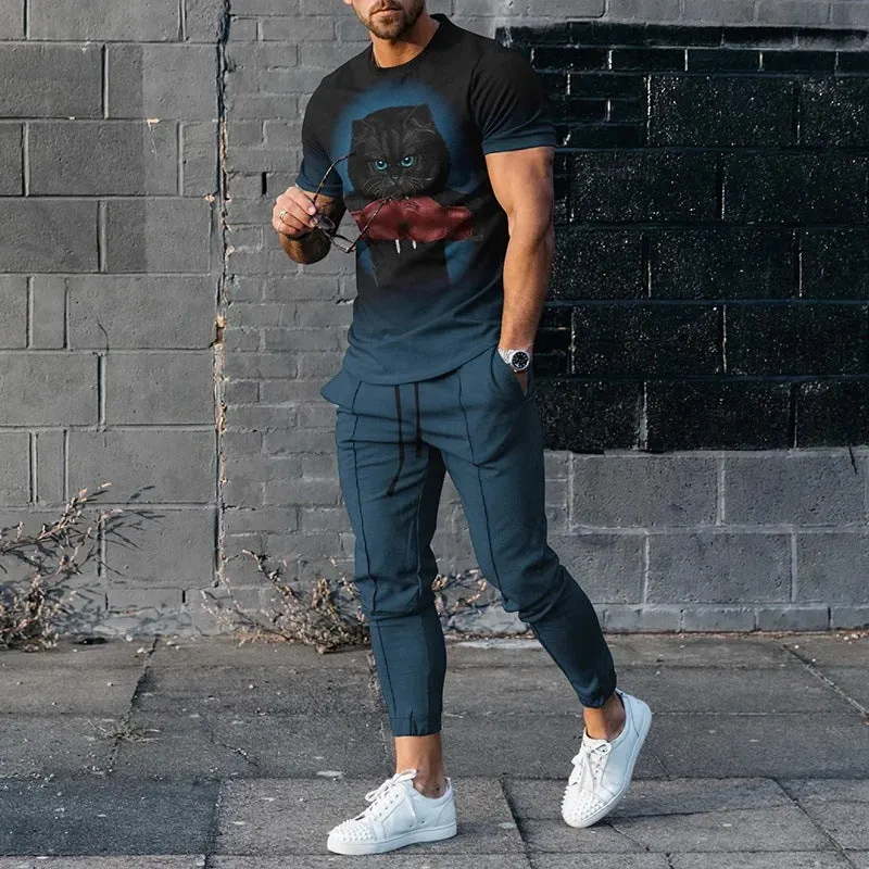 Men's grey polyester blend sport suit set with short sleeve T-shirt and matching trousers on a hanger.
