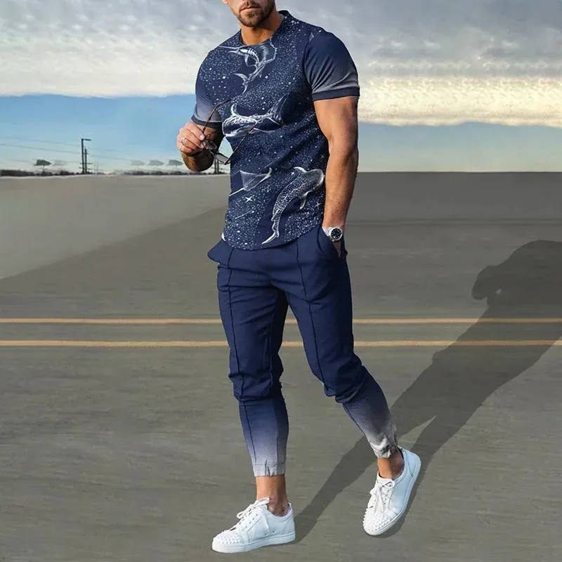 Men's grey polyester blend sport suit set with short sleeve T-shirt and matching trousers on a hanger.