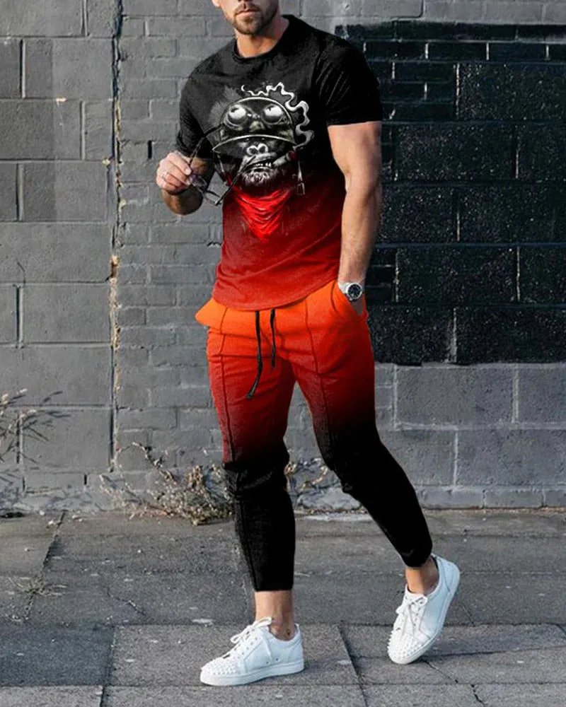 Men's grey polyester blend sport suit set with short sleeve T-shirt and matching trousers on a hanger.