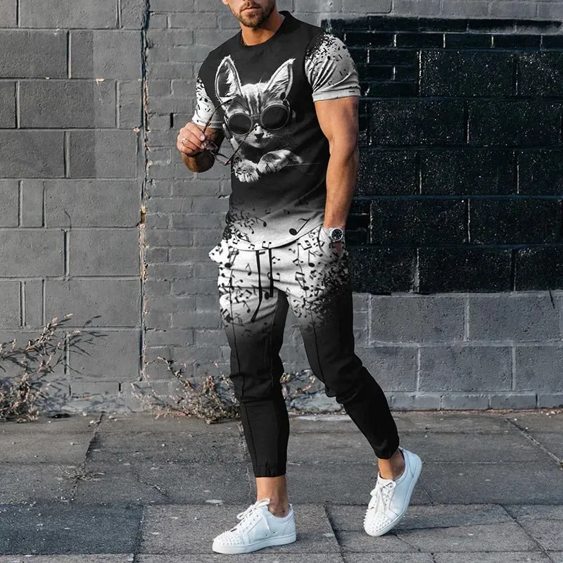 Men's grey polyester blend sport suit set with short sleeve T-shirt and matching trousers on a hanger.