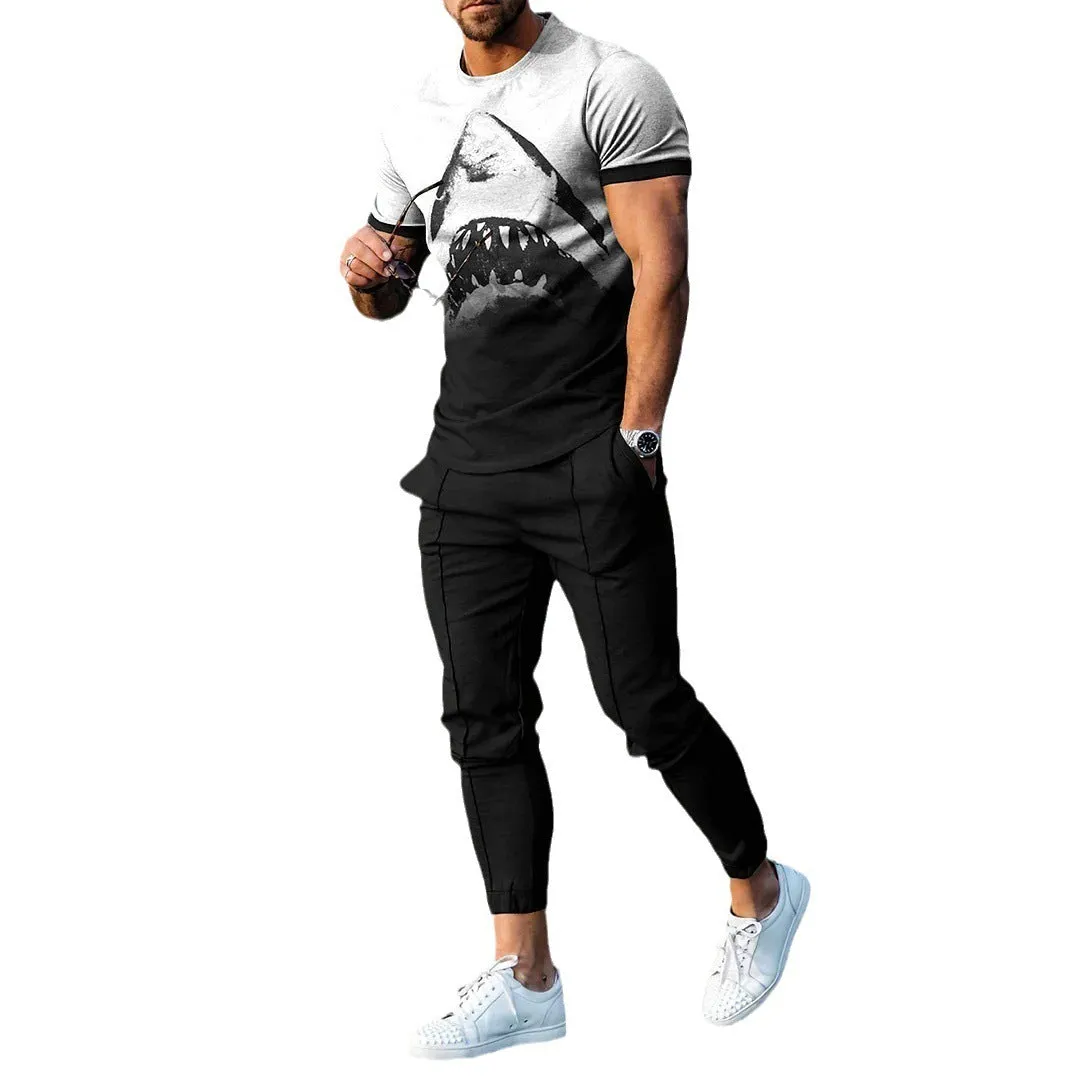 Men's grey polyester blend sport suit set with short sleeve T-shirt and matching trousers on a hanger.