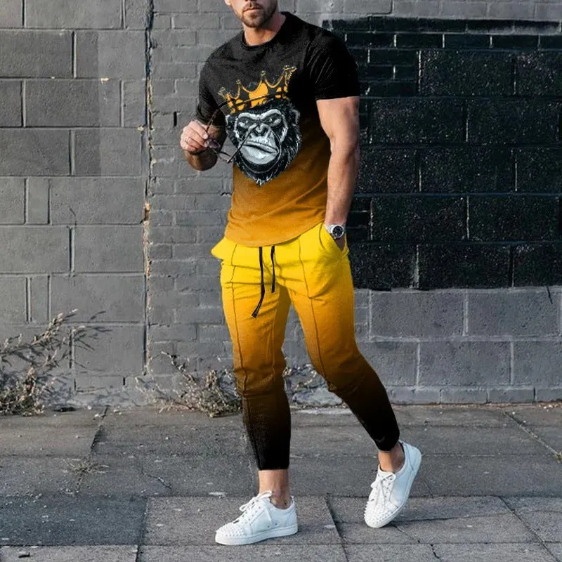 Men's grey polyester blend sport suit set with short sleeve T-shirt and matching trousers on a hanger.