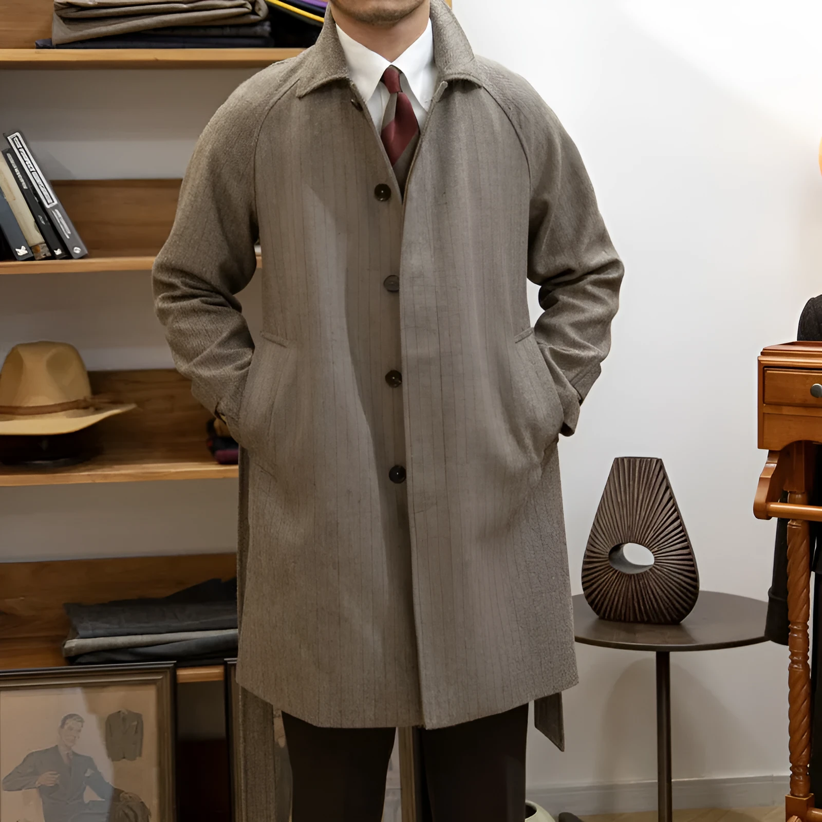 Autumn winter Barr MACN warm wool brown houndstooth side pocket overcoat for teenagers