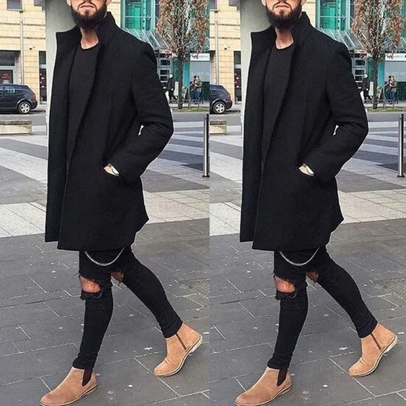 Men's windbreaker jacket T-shirt in woolen cloth, black colour, front view, long sleeves with zip closure.