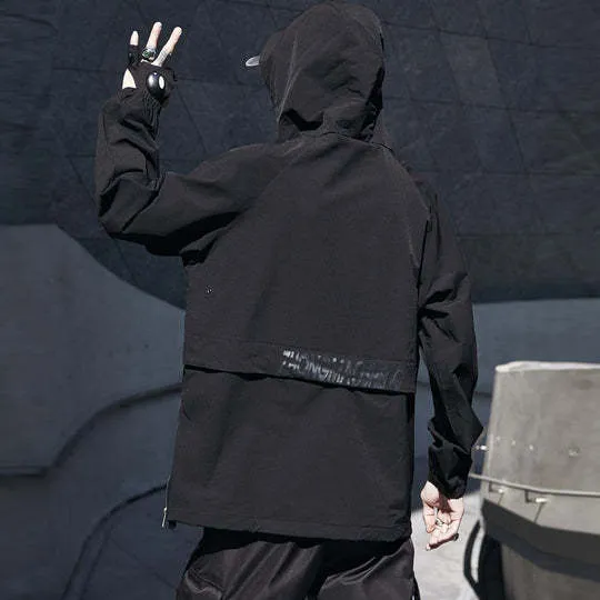 Men's loose thin black hooded solid colour jacket with zip front, front view