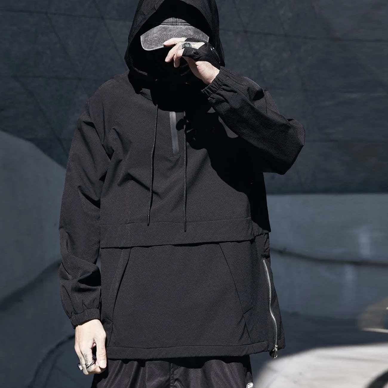 Men's loose thin black hooded solid colour jacket with zip front, front view