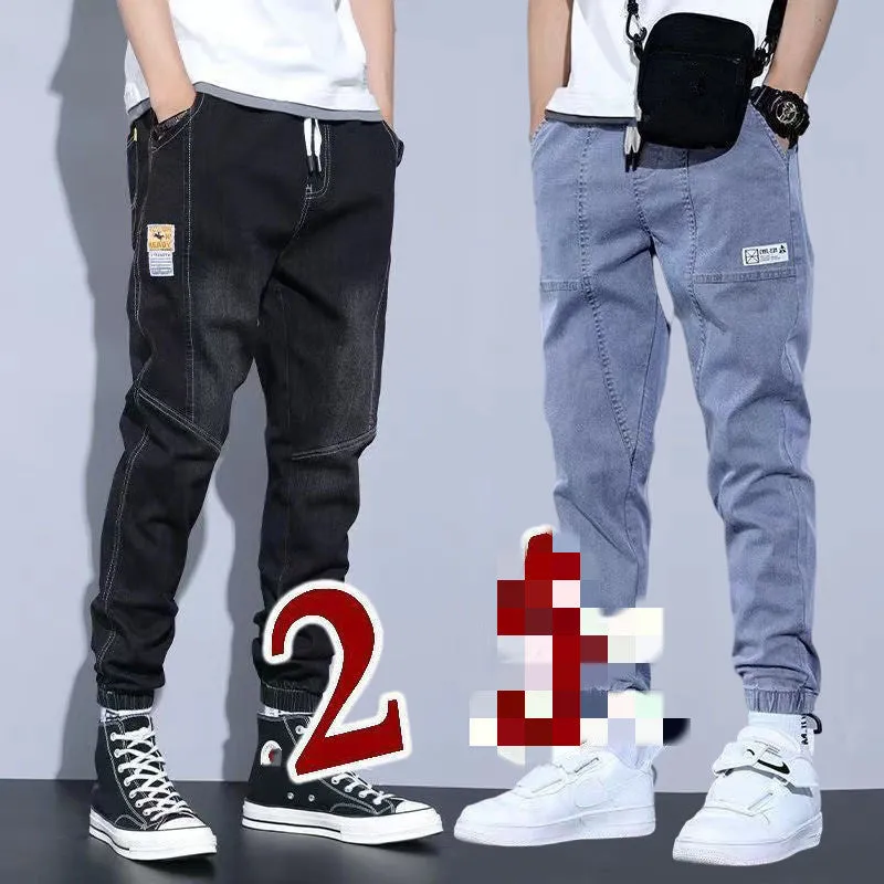 Two pairs of women's casual cotton jeans with mid waist and washed finish in grey and black