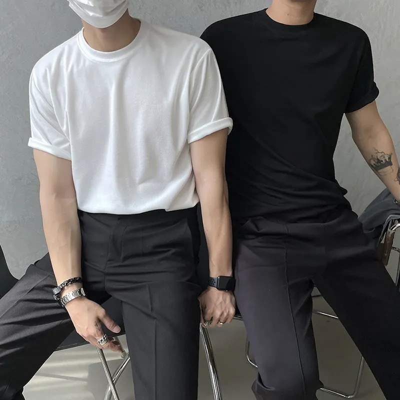 Men's slim fit plain cotton t-shirt in white on a hanger, showing round neck and half sleeve design.