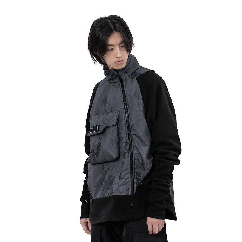 Men's black cotton fleece jacket with hood and trend stitching, loose fit