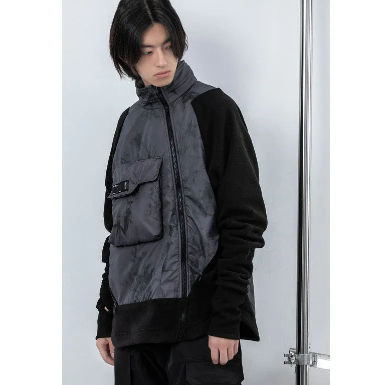 Men's black cotton fleece jacket with hood and trend stitching, loose fit