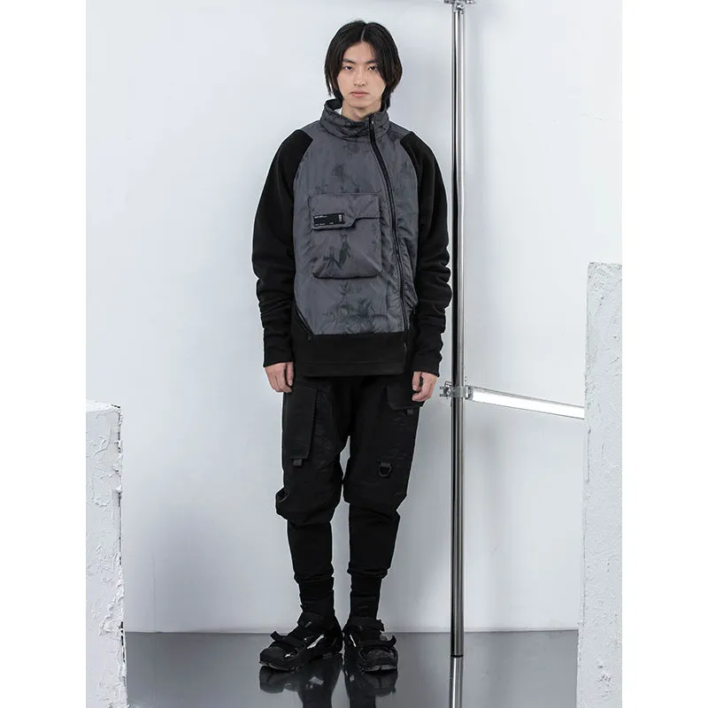 Men's black cotton fleece jacket with hood and trend stitching, loose fit
