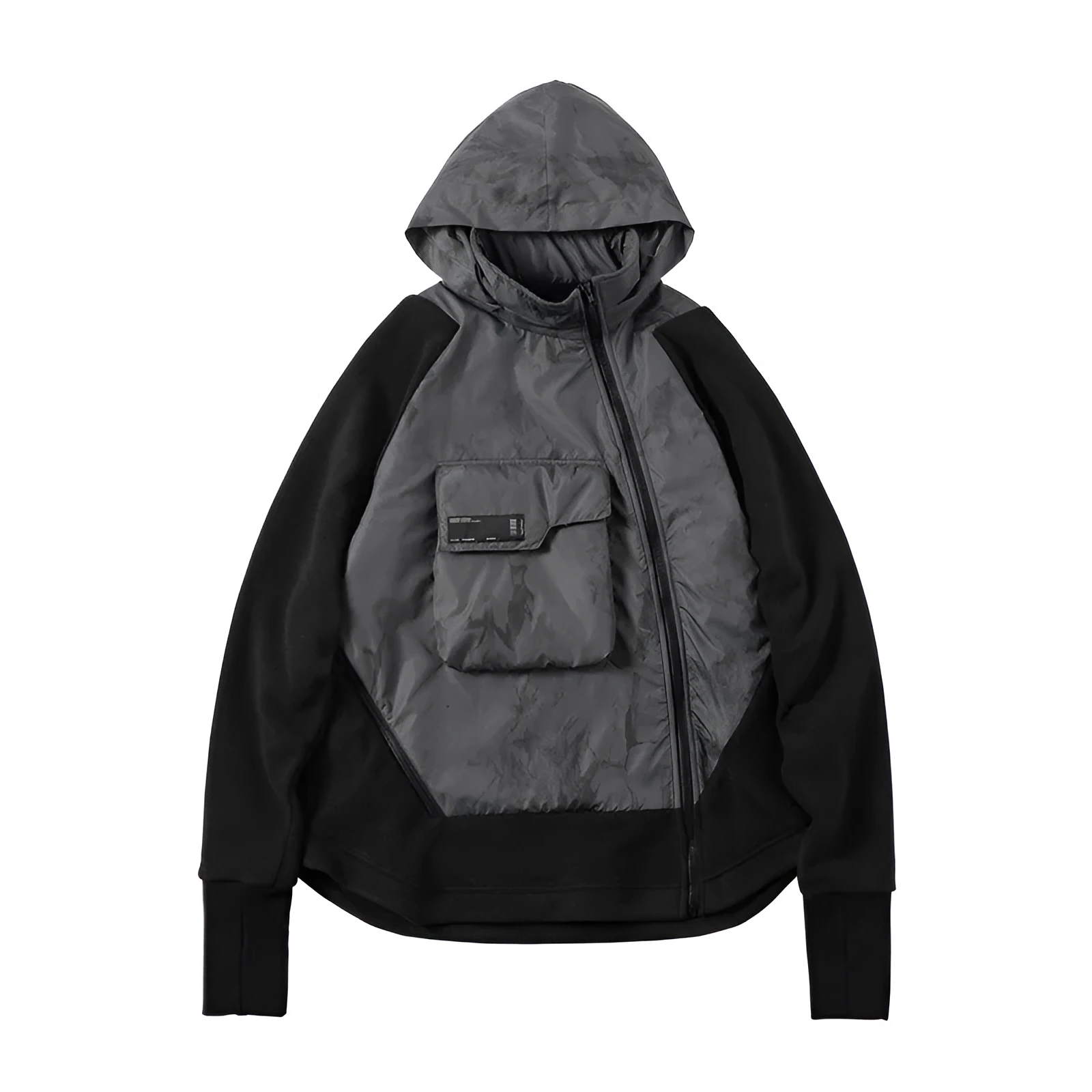 Men's black cotton fleece jacket with hood and trend stitching, loose fit