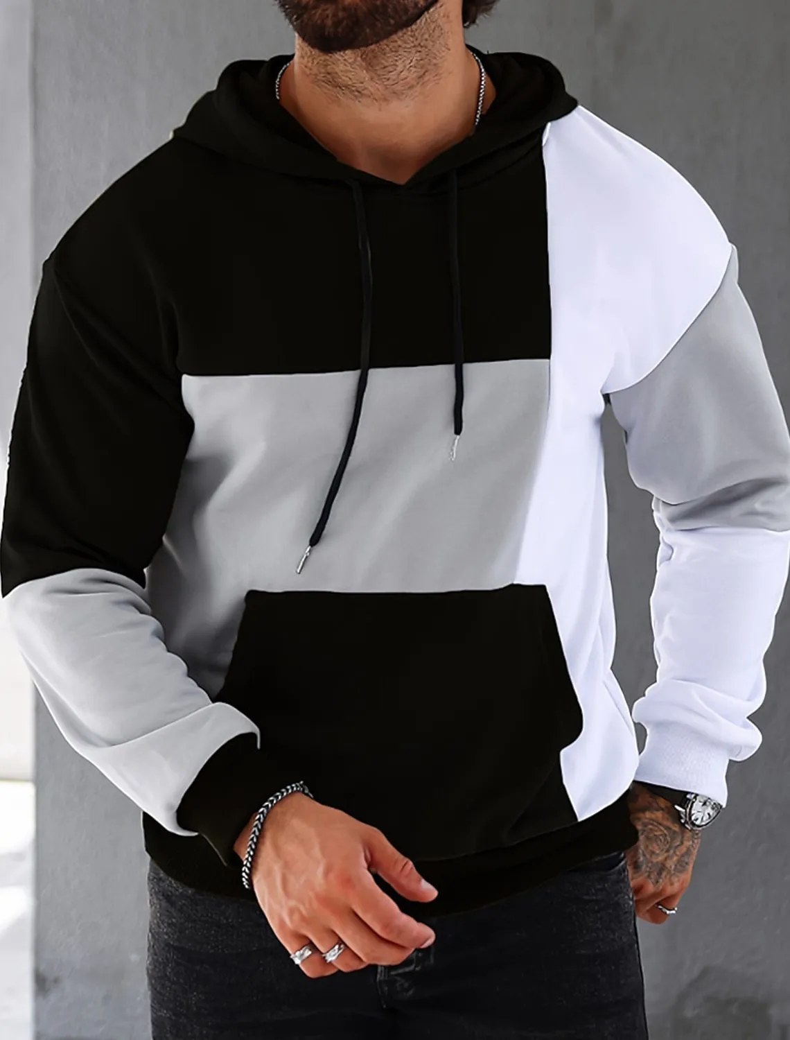Men's slim fit hooded sweater with 3D colour matching pattern, polyester, long sleeves