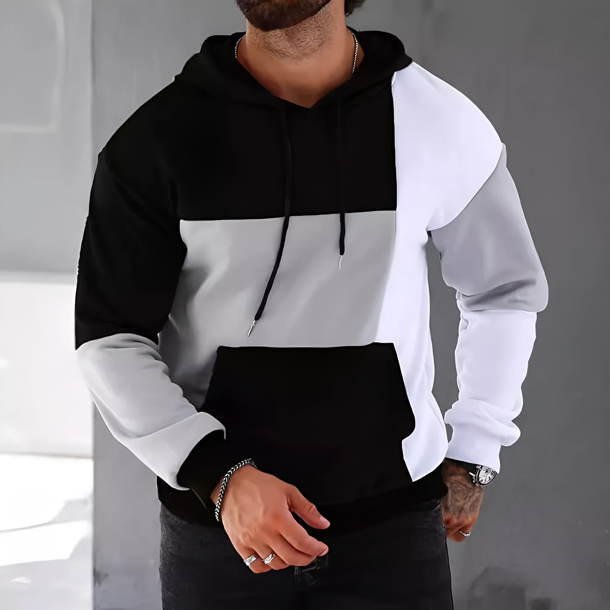 Men's slim fit hooded sweater with 3D colour matching pattern, polyester, long sleeves