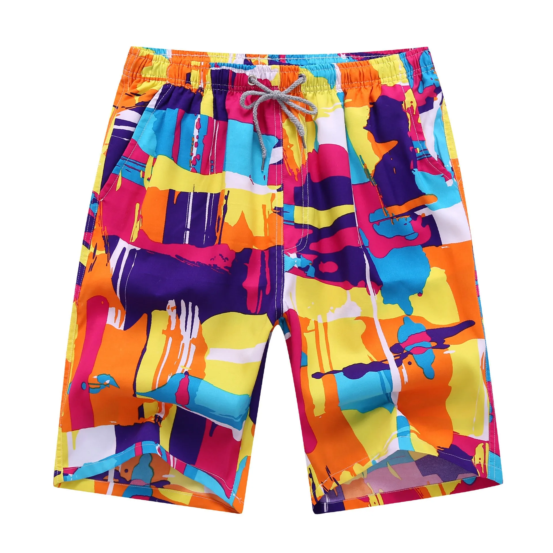 Men's loose five-point beach shorts in colourful feather print on thin cotton fabric