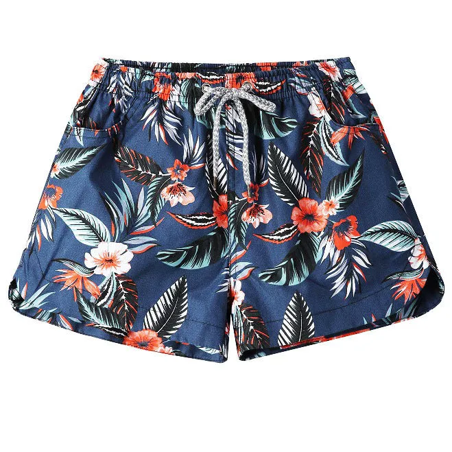 Men's loose five-point beach shorts in colourful feather print on thin cotton fabric