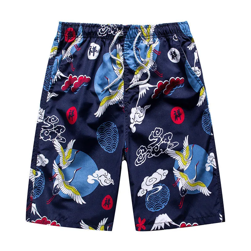Men's loose five-point beach shorts in colourful feather print on thin cotton fabric
