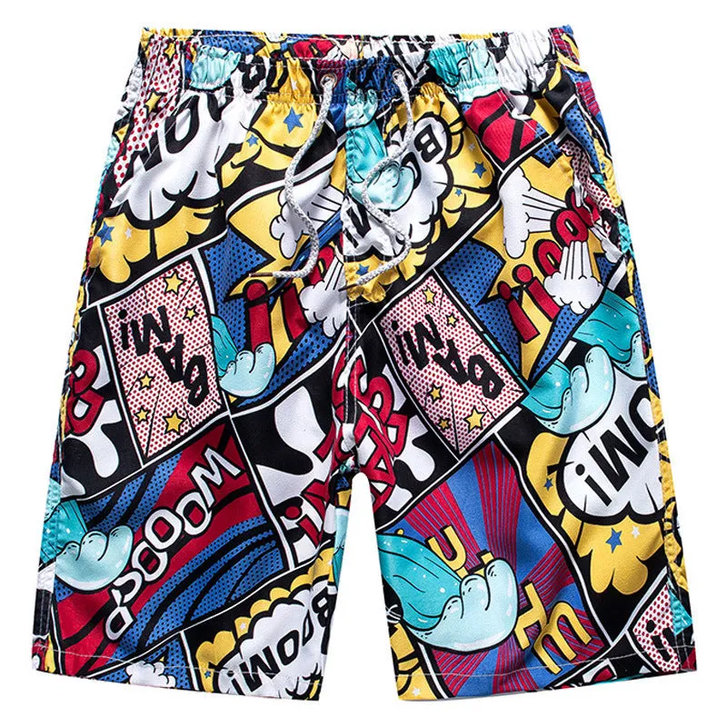 Men's loose five-point beach shorts in colourful feather print on thin cotton fabric