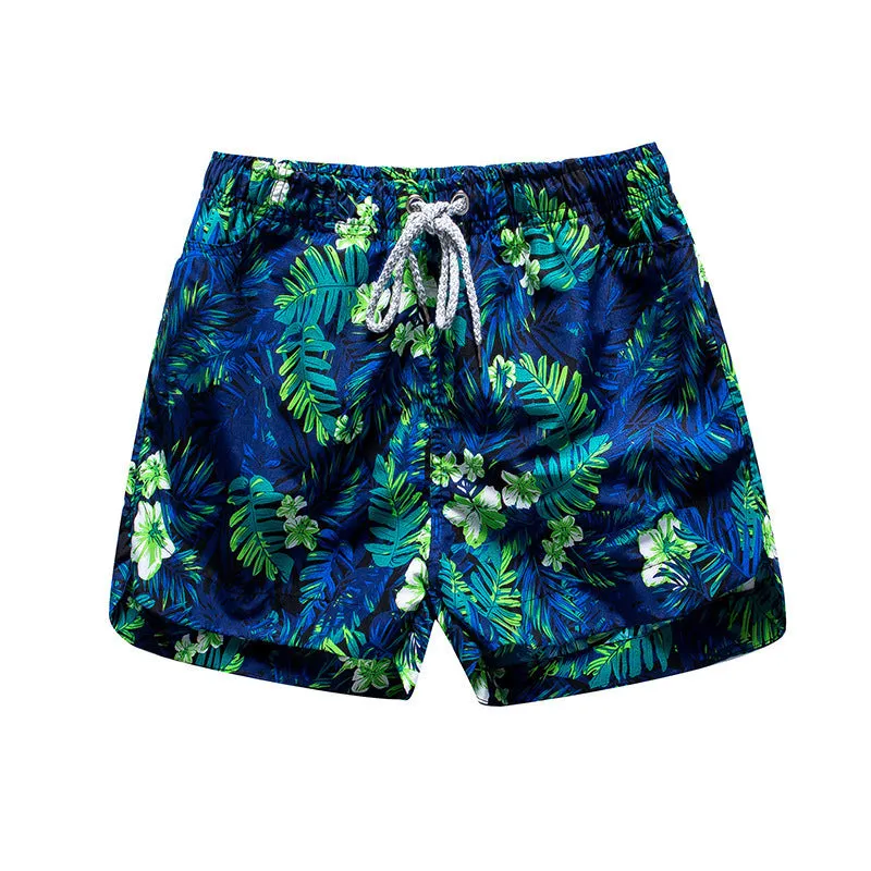 Men's loose five-point beach shorts in colourful feather print on thin cotton fabric