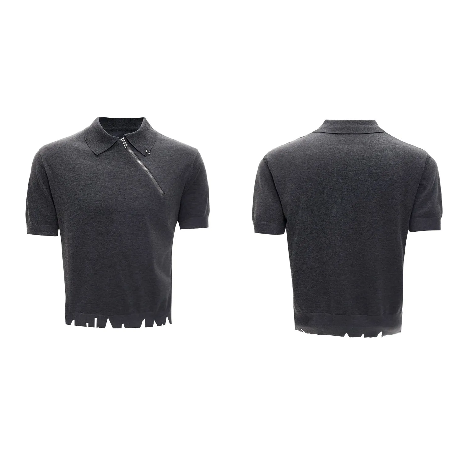 Men's black slim-fit knitted polo shirt with an oblique diagonal zipper on the lapel collar.