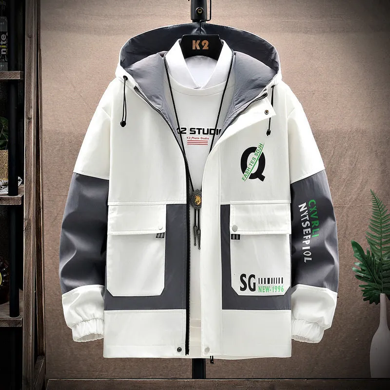 Men's simple baggy casual jacket in solid colour cotton blend with polyester lining