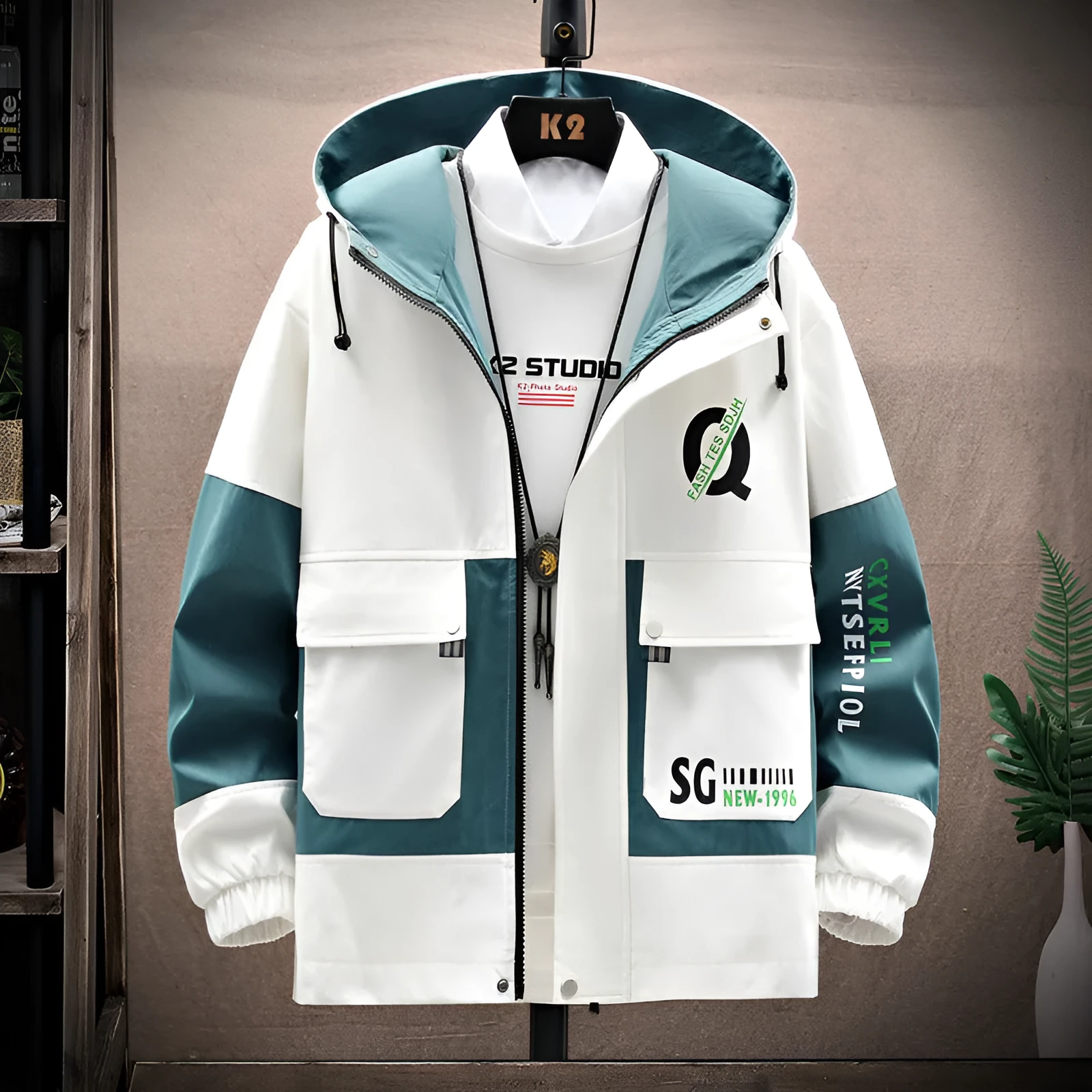 Men's simple baggy casual jacket in solid colour cotton blend with polyester lining