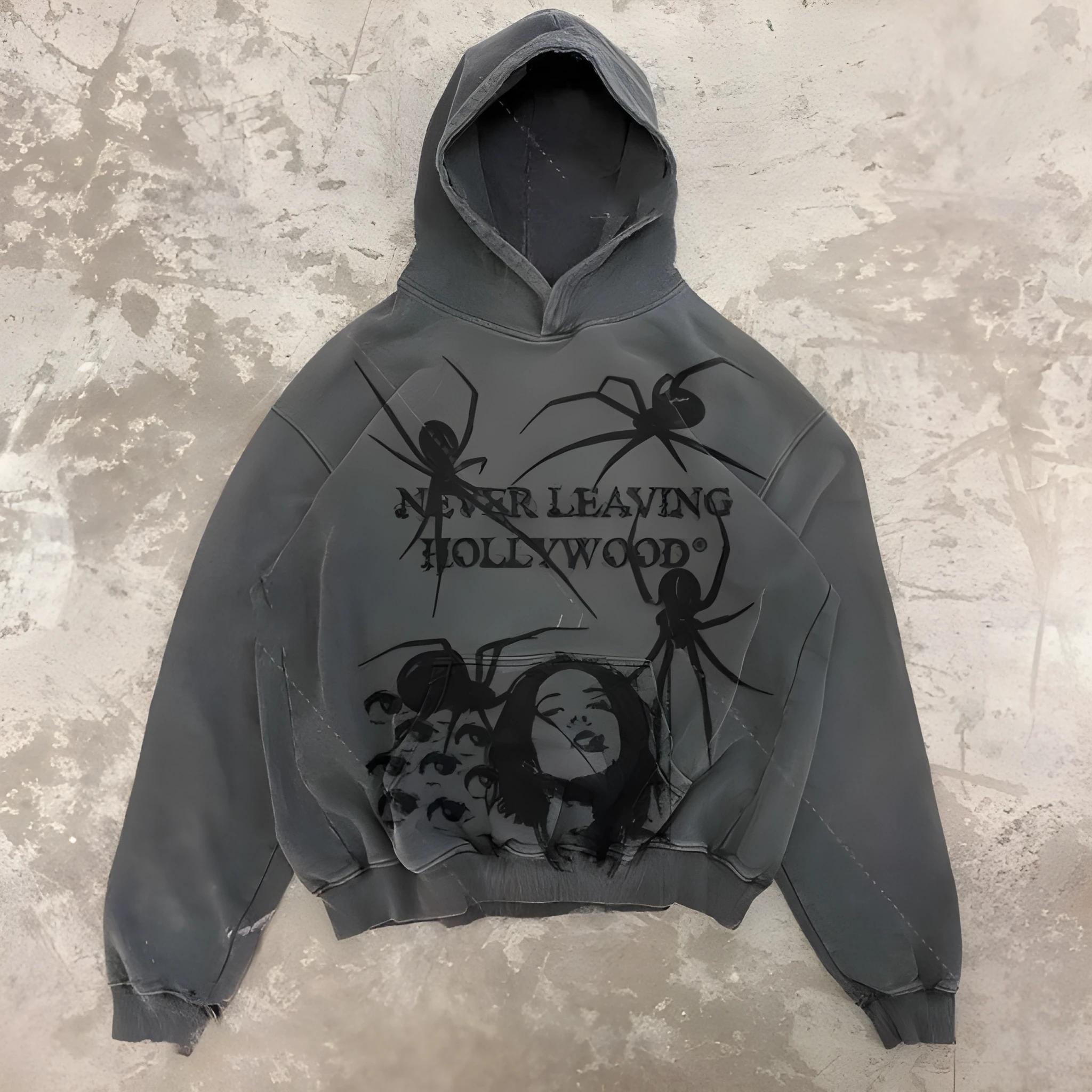 Spider retro loose unisex hoodie in washed old colour, long sleeves, pullover style