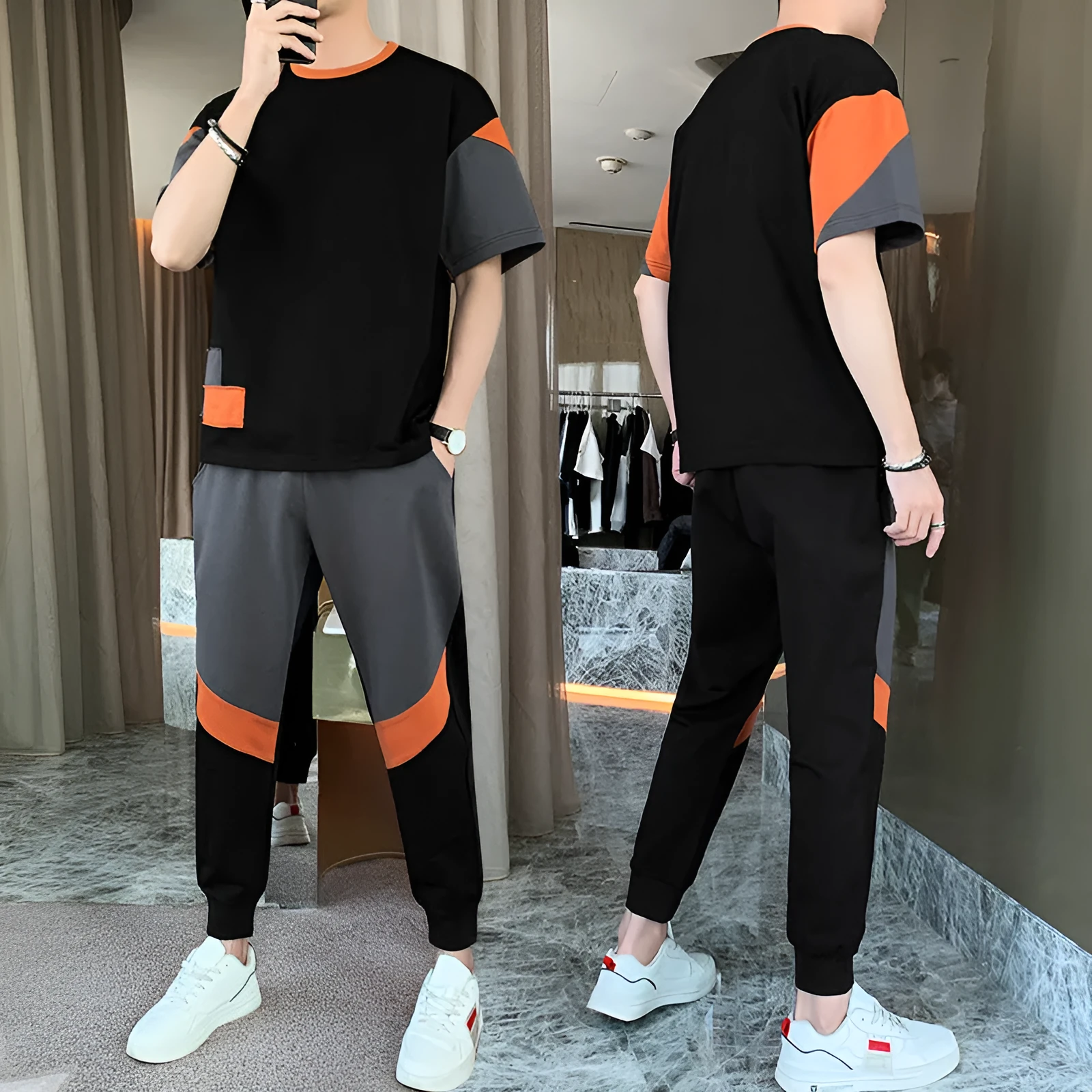 Men's cotton short-sleeved T-shirt with colour-block design in black and khaki, sizes M to 4XL